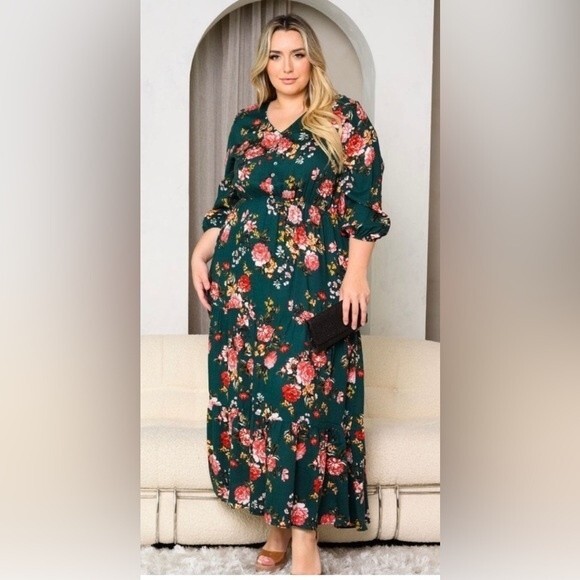 Dress: 3/4 Sleeve Maxi Dress Fall Floral - Picture 1 of 3